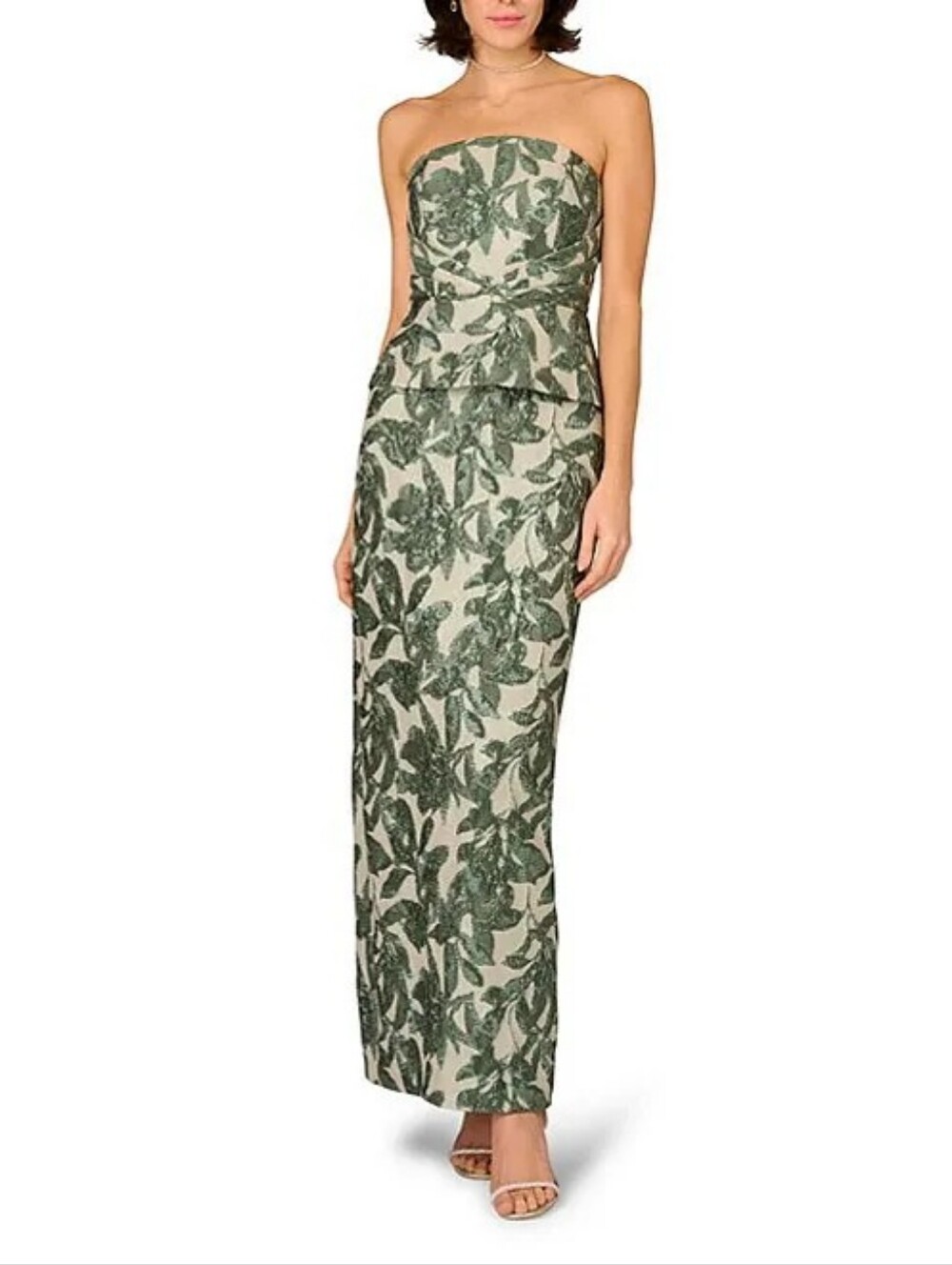 Aidan Mattox Strapless Leaf-Print Maxi Dress in Green and Cream